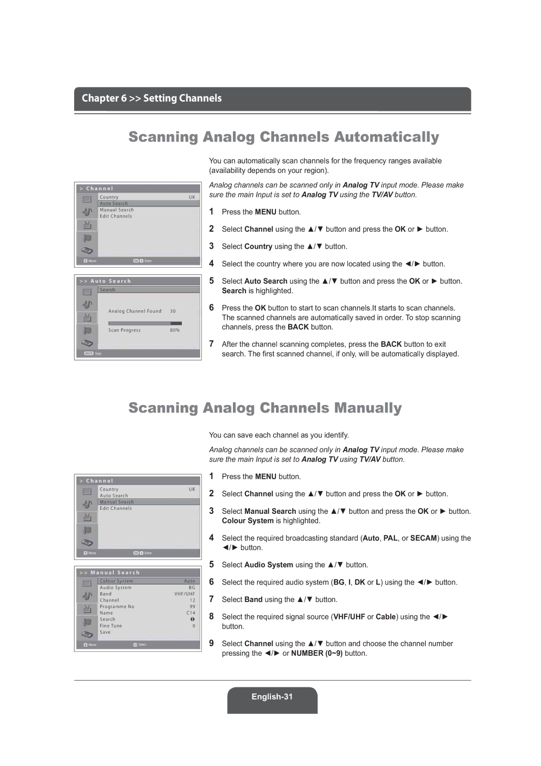 Humax LGB-19DRT, LGB-22DRT manual Scanning Analog Channels Automatically, Scanning Analog Channels Manually 