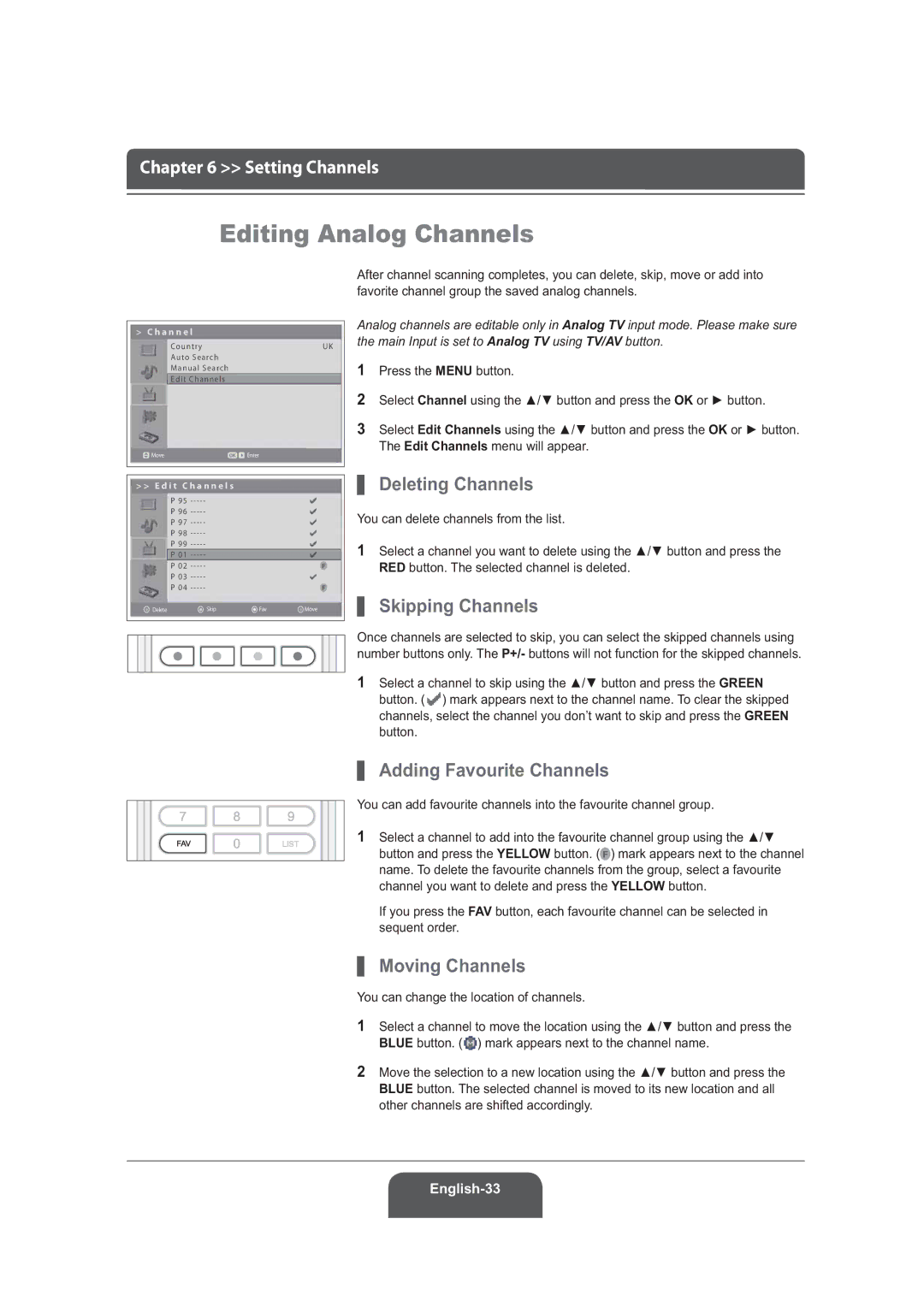 Humax LGB-19DRT Editing Analog Channels, Deleting Channels, Skipping Channels, Adding Favourite Channels, Moving Channels 