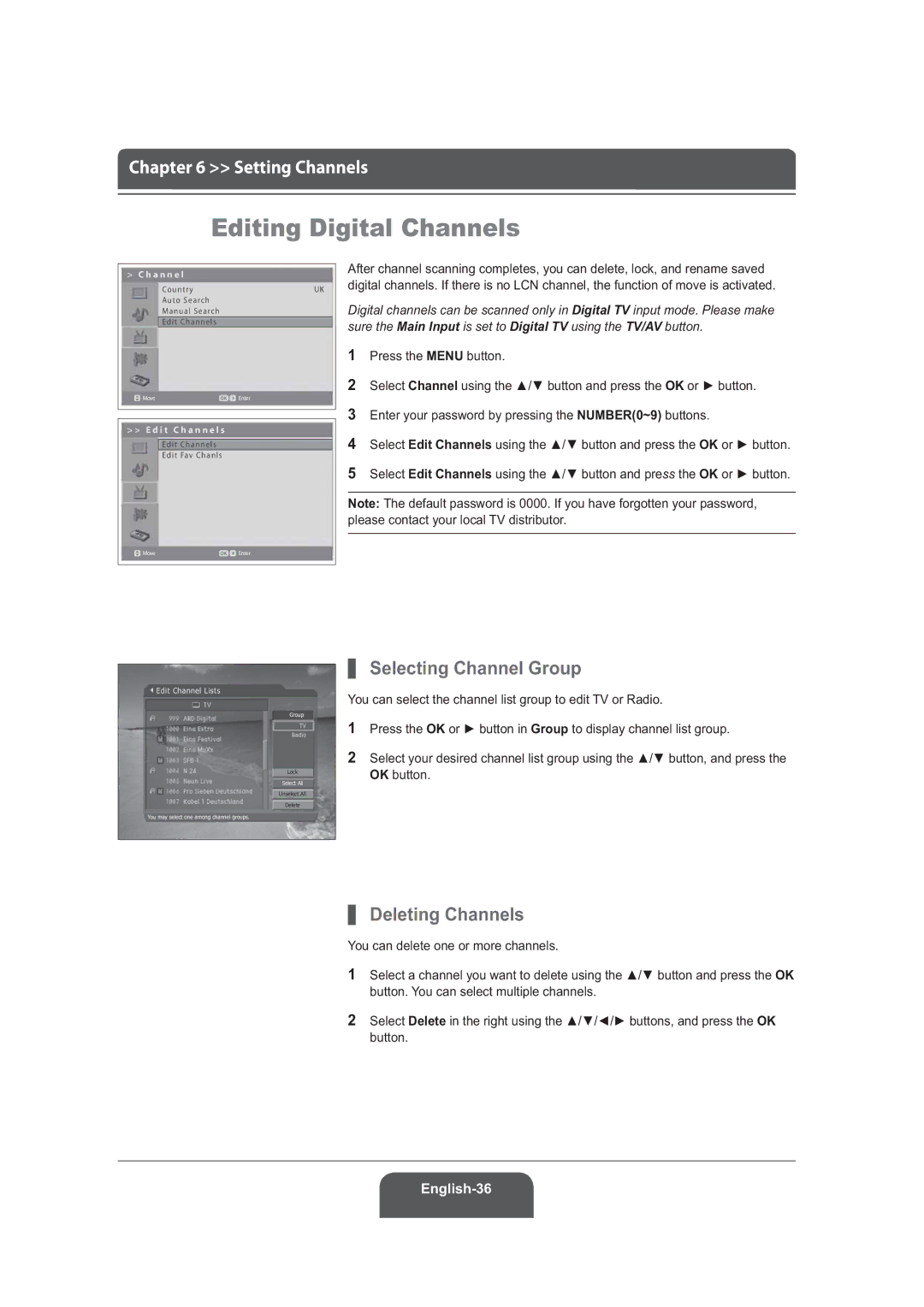 Humax LGB-22DRT manual Editing Digital Channels, Selecting Channel Group, OK button, You can delete one or more channels 