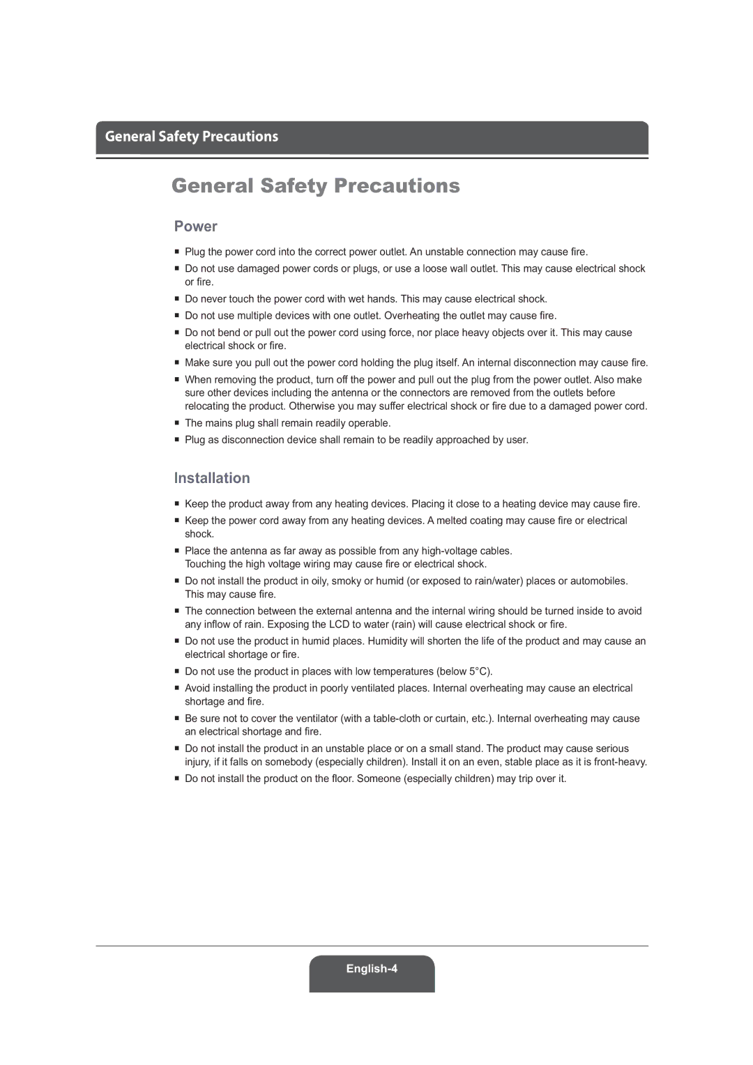 Humax LGB-22DRT, LGB-19DRT manual General Safety Precautions, Power, Installation 