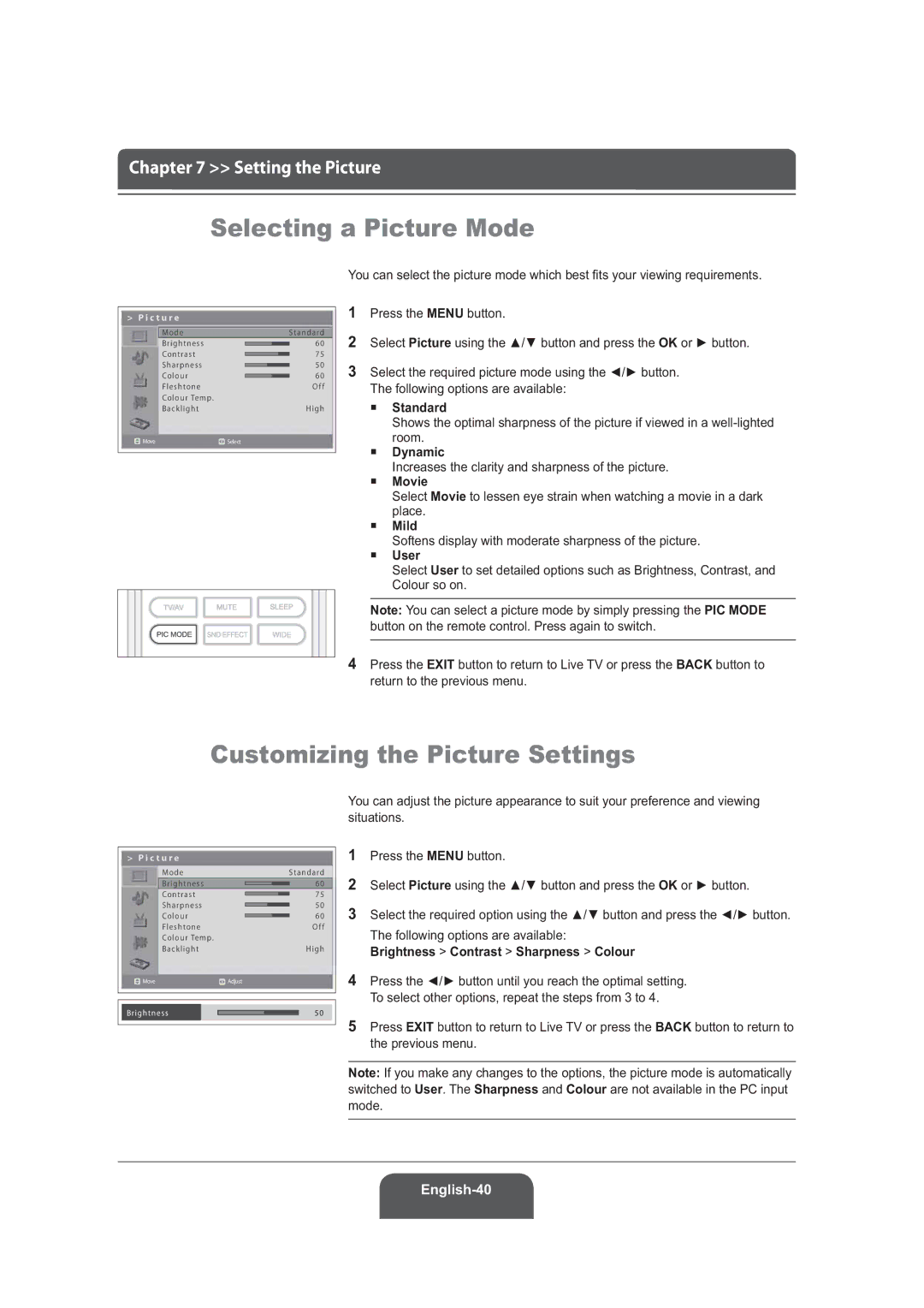 Humax LGB-22DRT, LGB-19DRT manual Selecting a Picture Mode, Customizing the Picture Settings 