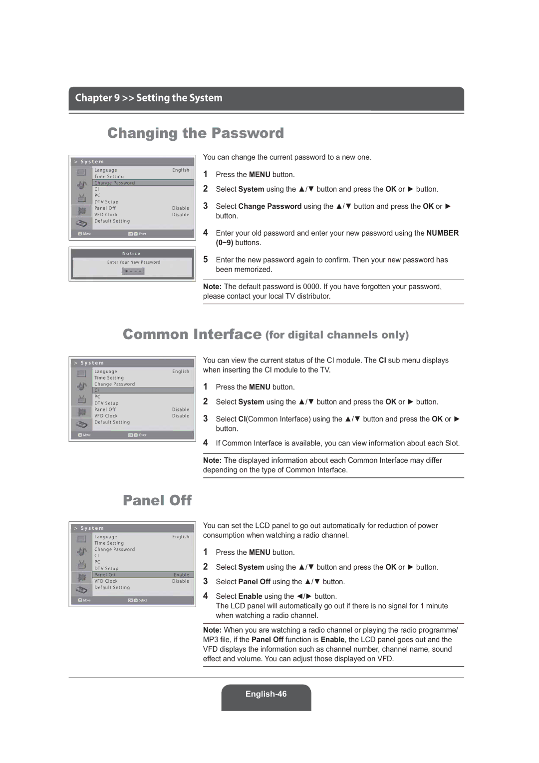 Humax LGB-22DRT, LGB-19DRT manual Changing the Password, Panel Off 