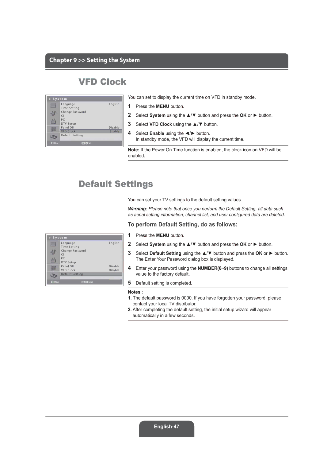 Humax LGB-19DRT, LGB-22DRT manual VFD Clock, Default Settings, To perform Default Setting, do as follows 