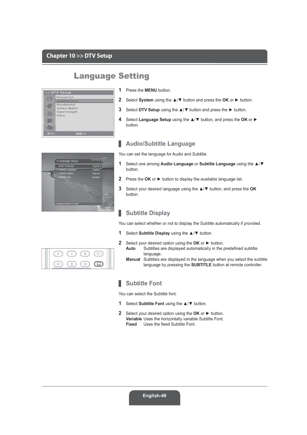 Humax LGB-19DRT, LGB-22DRT manual Language Setting, Audio/Subtitle Language, Subtitle Display, Subtitle Font 