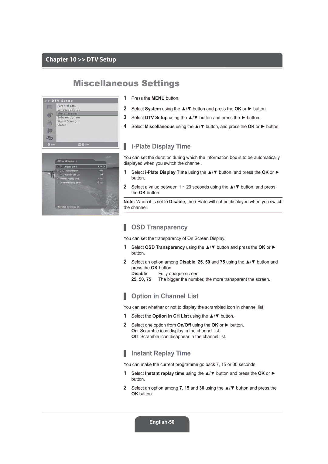 Humax LGB-22DRT Miscellaneous Settings, Plate Display Time, OSD Transparency, Option in Channel List, Instant Replay Time 