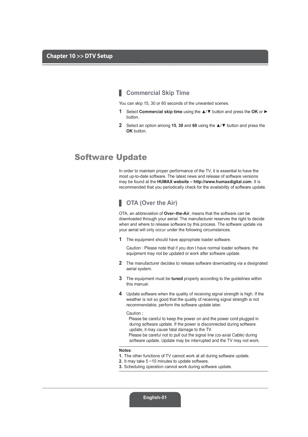 Humax LGB-19DRT, LGB-22DRT manual Software Update, Commercial Skip Time, OTA Over the Air 