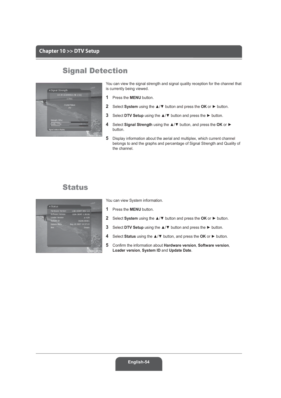 Humax LGB-22DRT, LGB-19DRT manual Signal Detection, Status, You can view System information Press the Menu button 