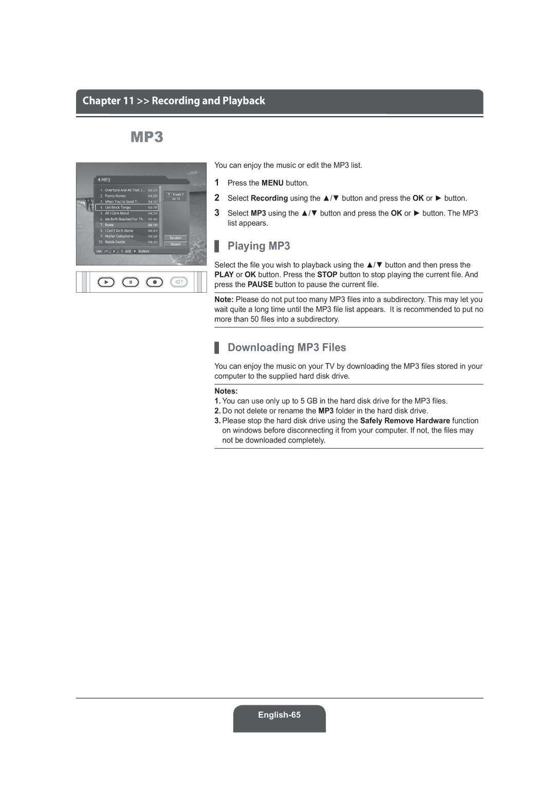 Humax LGB-19DRT, LGB-22DRT manual Playing MP3, Downloading MP3 Files, Computer to the supplied hard disk drive 