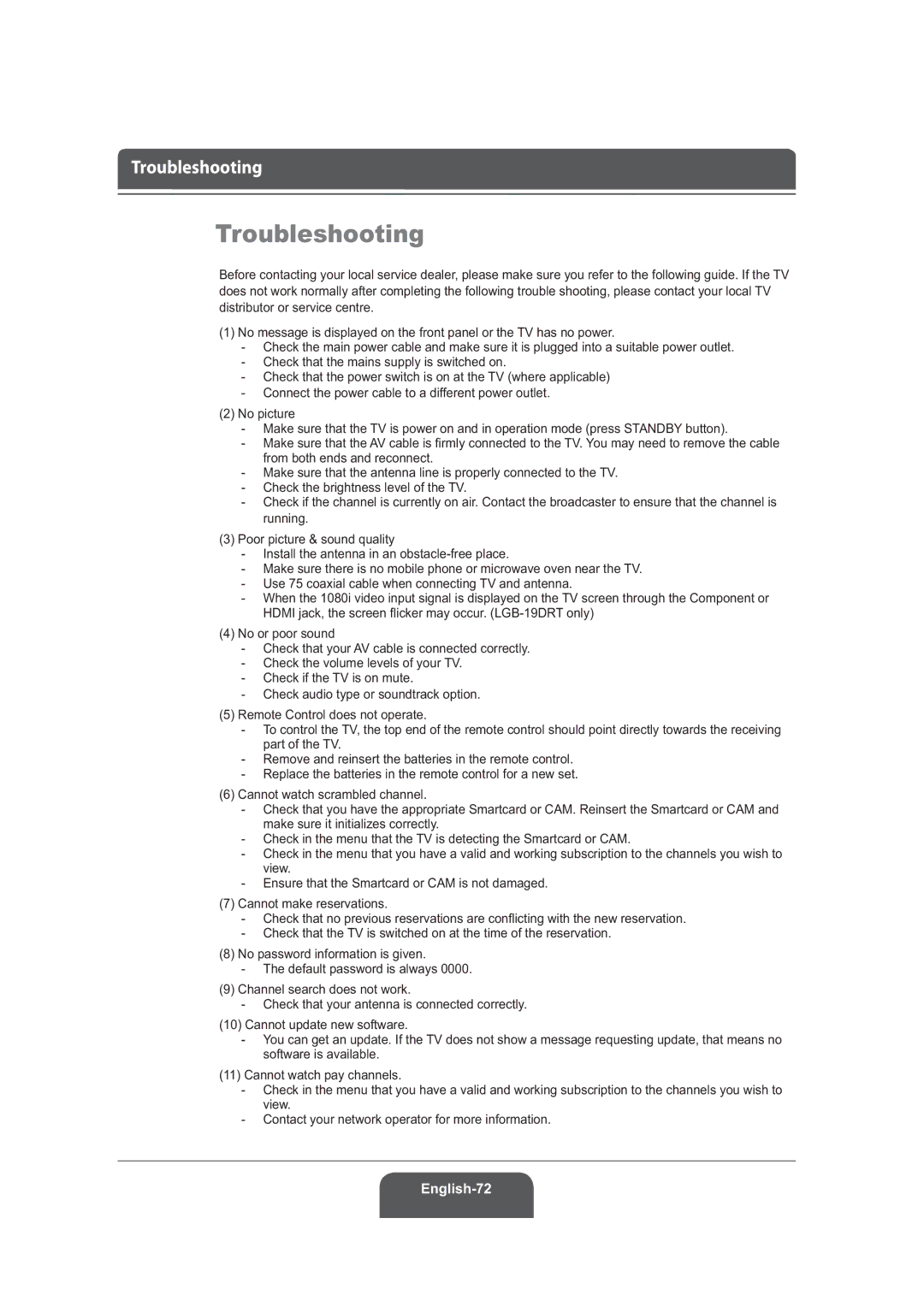 Humax LGB-22DRT, LGB-19DRT manual Troubleshooting, +0,MDFNWKHVFUHHQÀLFNHUPD\RFFXU/*%57RQO\ 