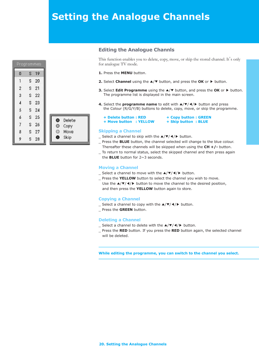 Humax LGB-26TPVR Editing the Analogue Channls, Skipping a Channel, Moving a Channel, Copying a Channel, Deleting a Channel 