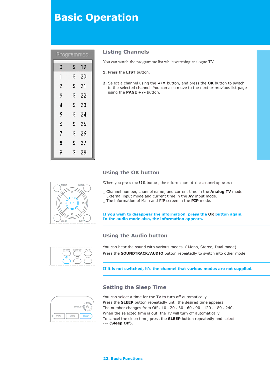 Humax LGB-26TPVR manual Listing Channels, Using the OK button, Using the Audio button, Setting the Sleep Time 