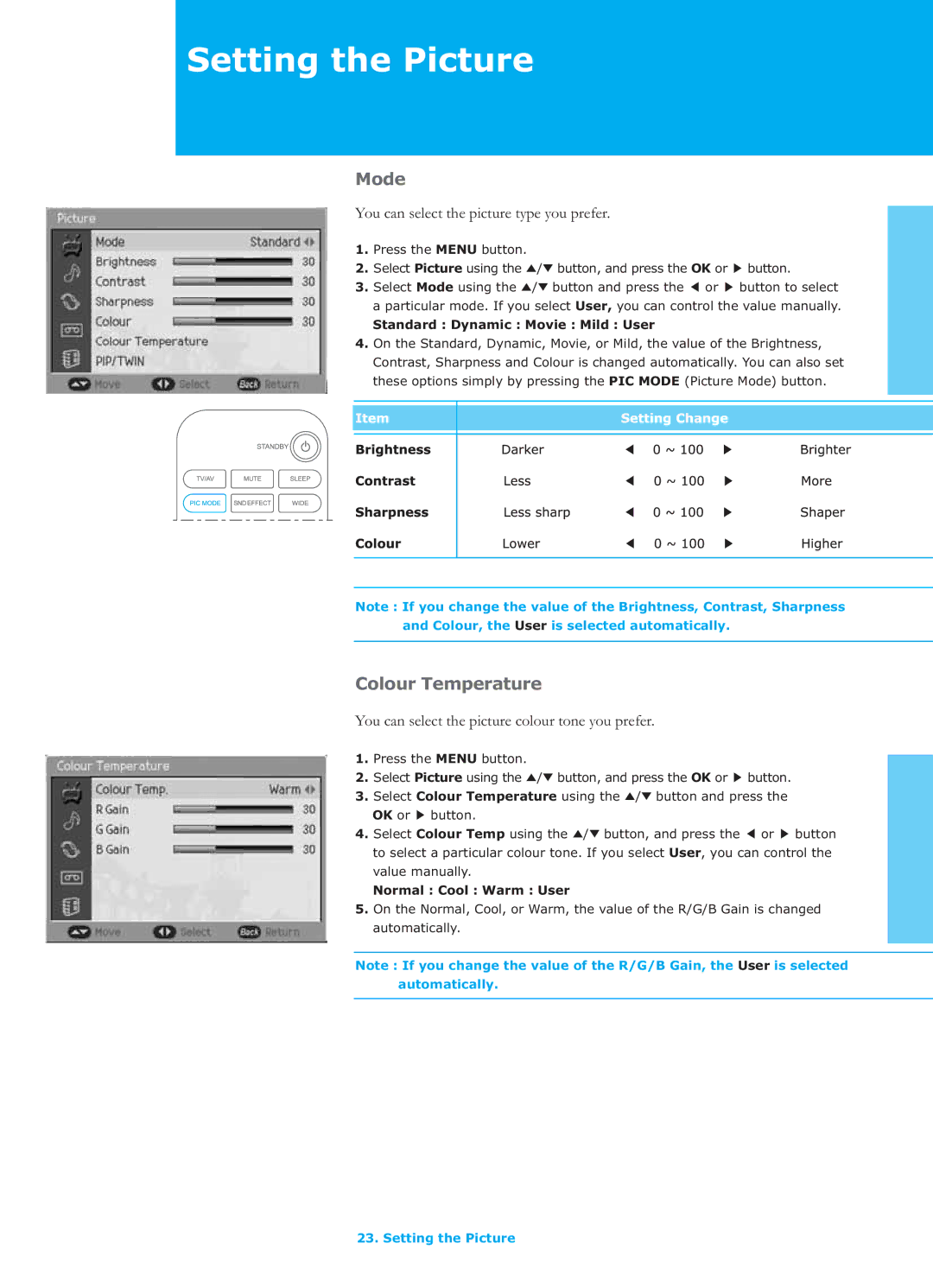 Humax LGB-26TPVR manual Setting the Picture, Mode, Colour Temperature, You can select the picture type you prefer 