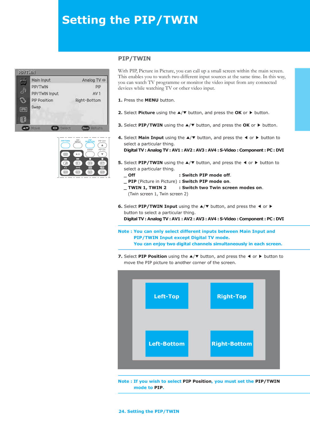 Humax LGB-26TPVR manual Setting the PIP/TWIN, Pip/Twin 