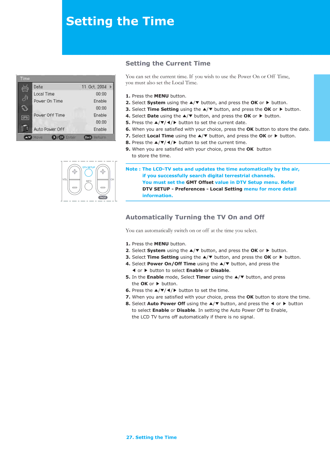 Humax LGB-26TPVR manual Setting the Time, Setting the Current Time, Automatically Turning the TV On and Off 