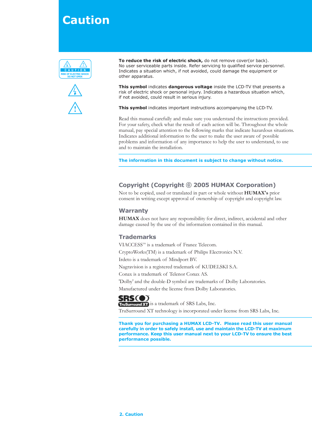 Humax LGB-26TPVR manual Copyright Copyright 2005 Humax Corporation, Warranty, Trademarks 