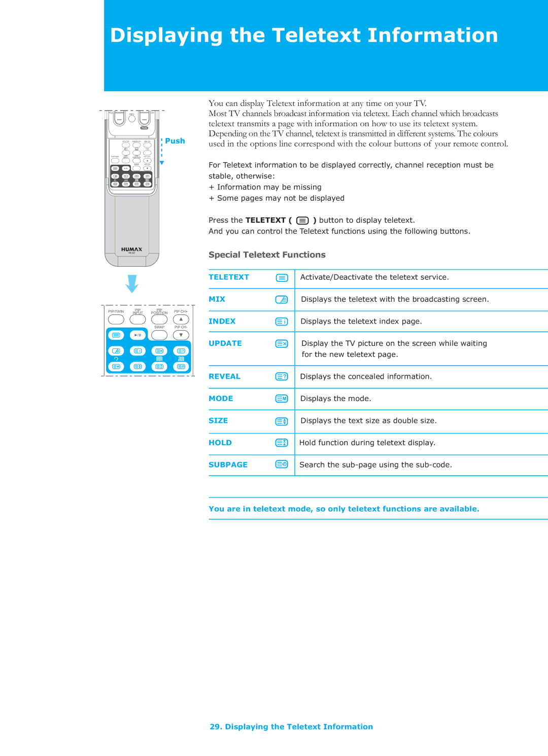 Humax LGB-26TPVR manual Displaying the Teletext Information, Special Teletext Functions 