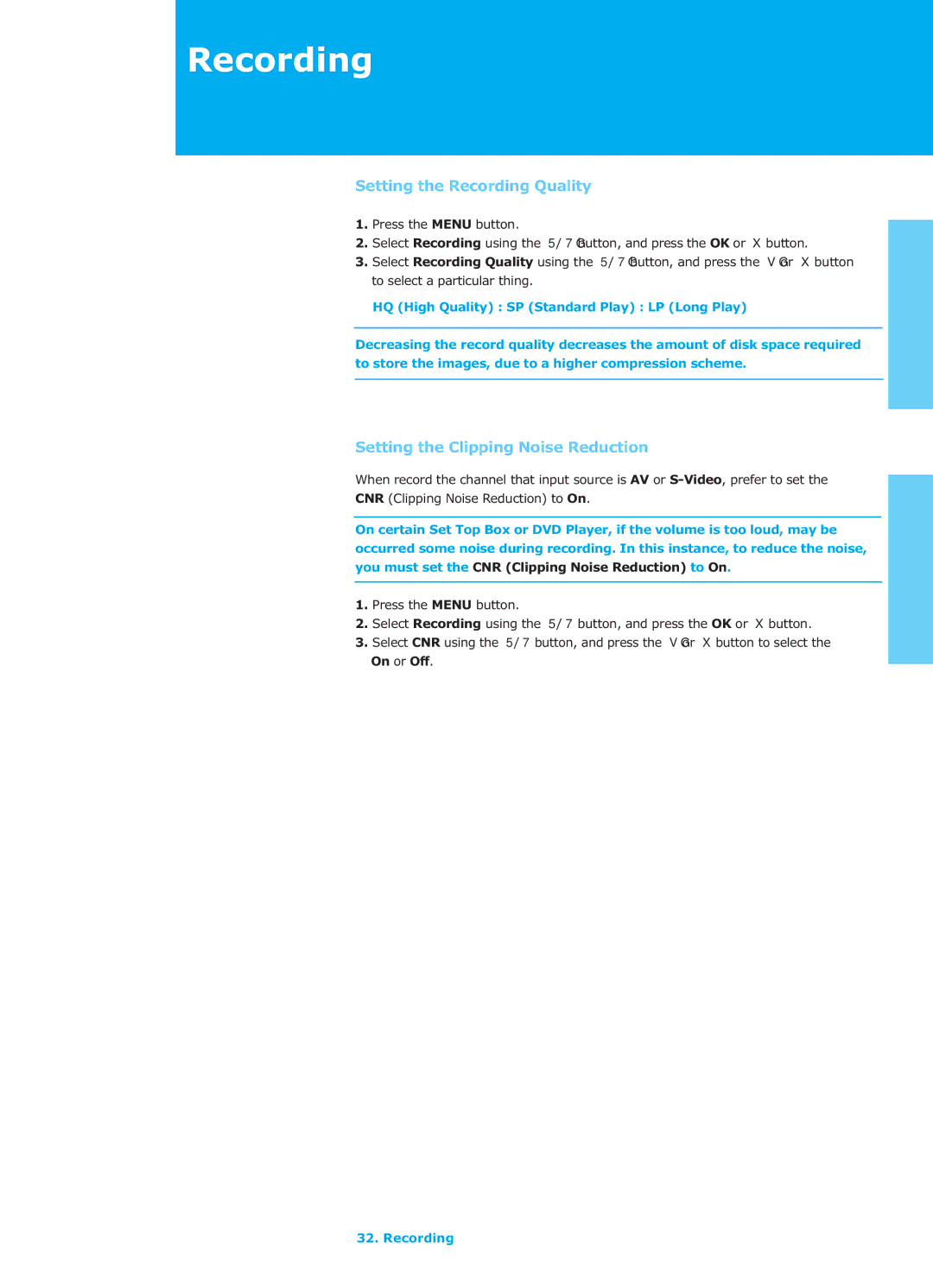 Humax LGB-26TPVR manual Setting the Recording Quality, Setting the Clipping Noise Reduction 