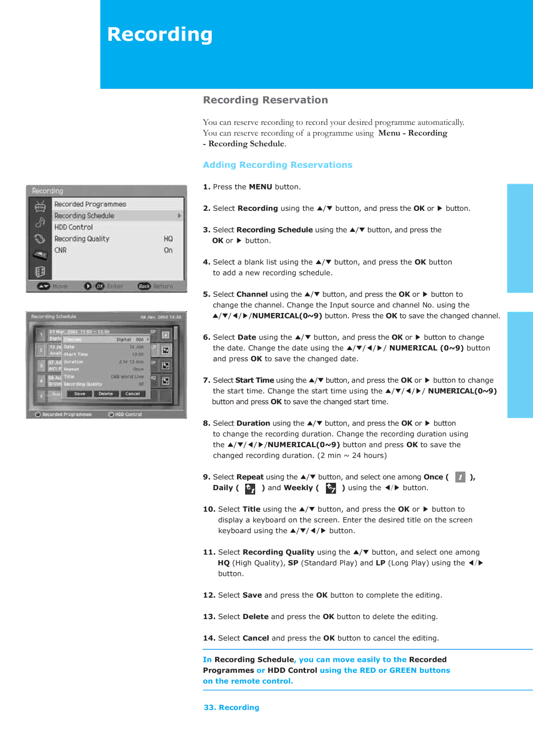 Humax LGB-26TPVR manual Adding Recording Reservations, Daily Weekly 