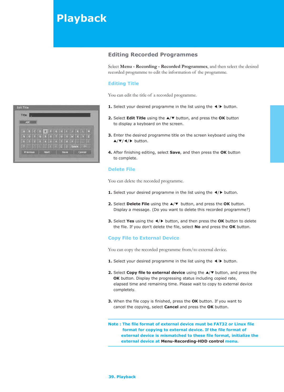 Humax LGB-26TPVR manual Editing Recorded Programmes, Editing Title, Delete File, Copy File to External Device 