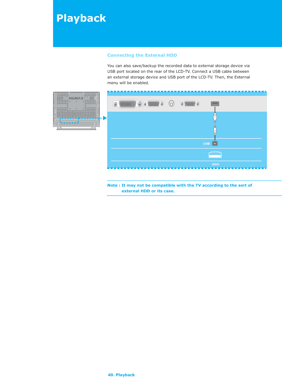 Humax LGB-26TPVR manual Connecting the External HDD 