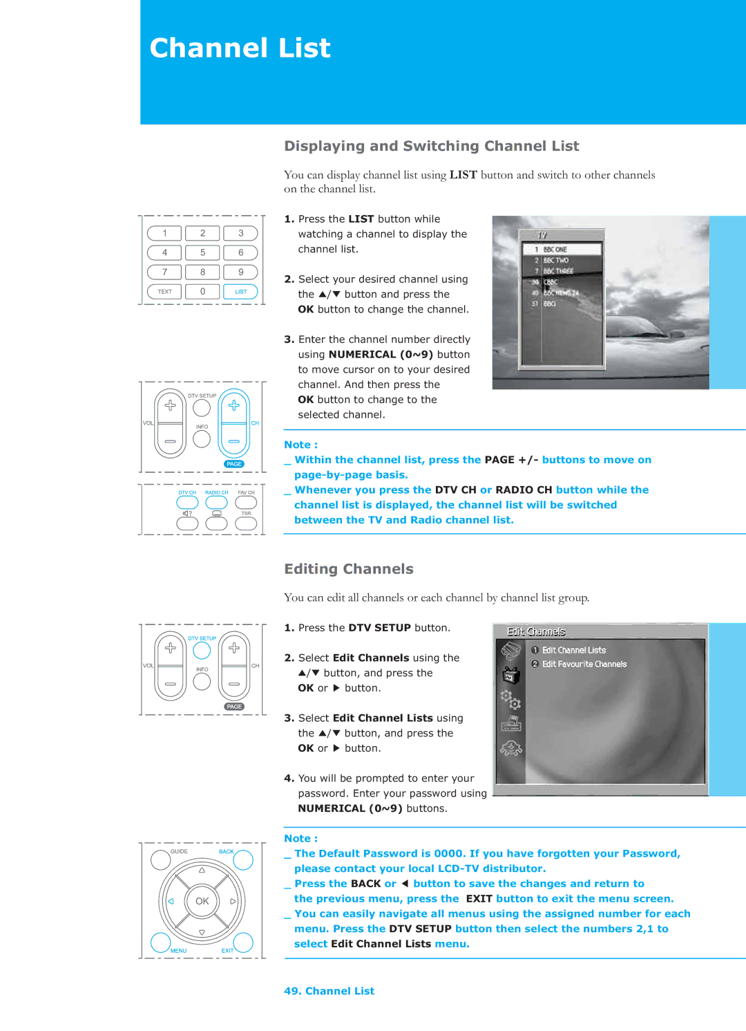 Humax LGB-26TPVR manual Displaying and Switching Channel List, Editing Channels 