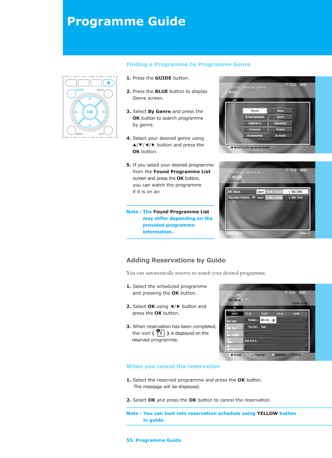Humax LGB-26TPVR Adding Reservations by Guide, Finding a Programme by Programme Genre, When you cancel the reservation 