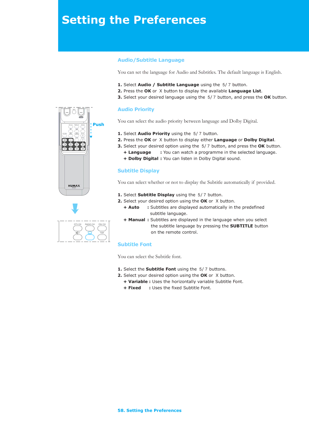 Humax LGB-26TPVR manual Audio/Subtitle Language, Audio Priority, Subtitle Display, Subtitle Font 