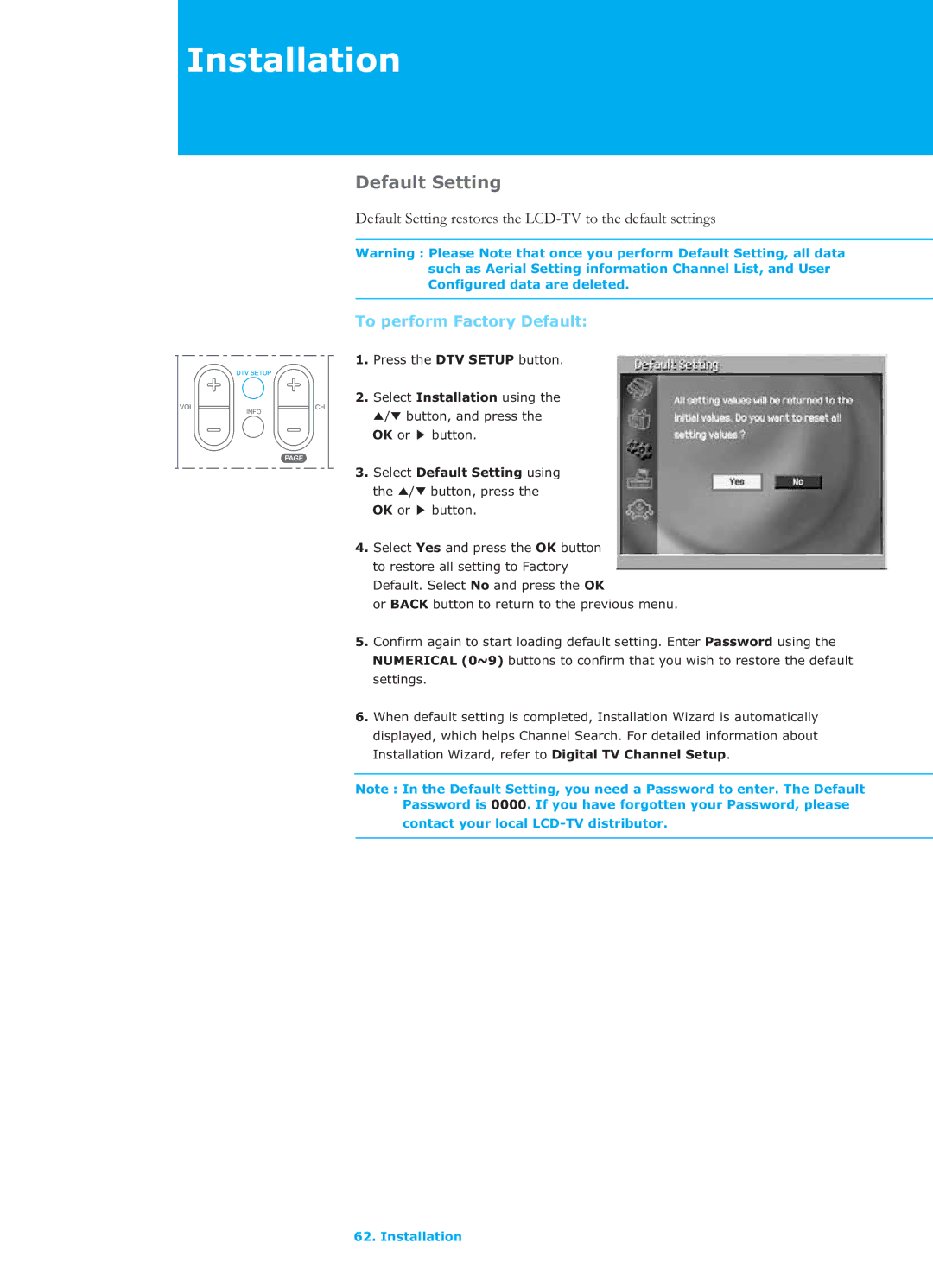 Humax LGB-26TPVR manual Default Setting restores the LCD-TV to the default settings, To perform Factory Default 