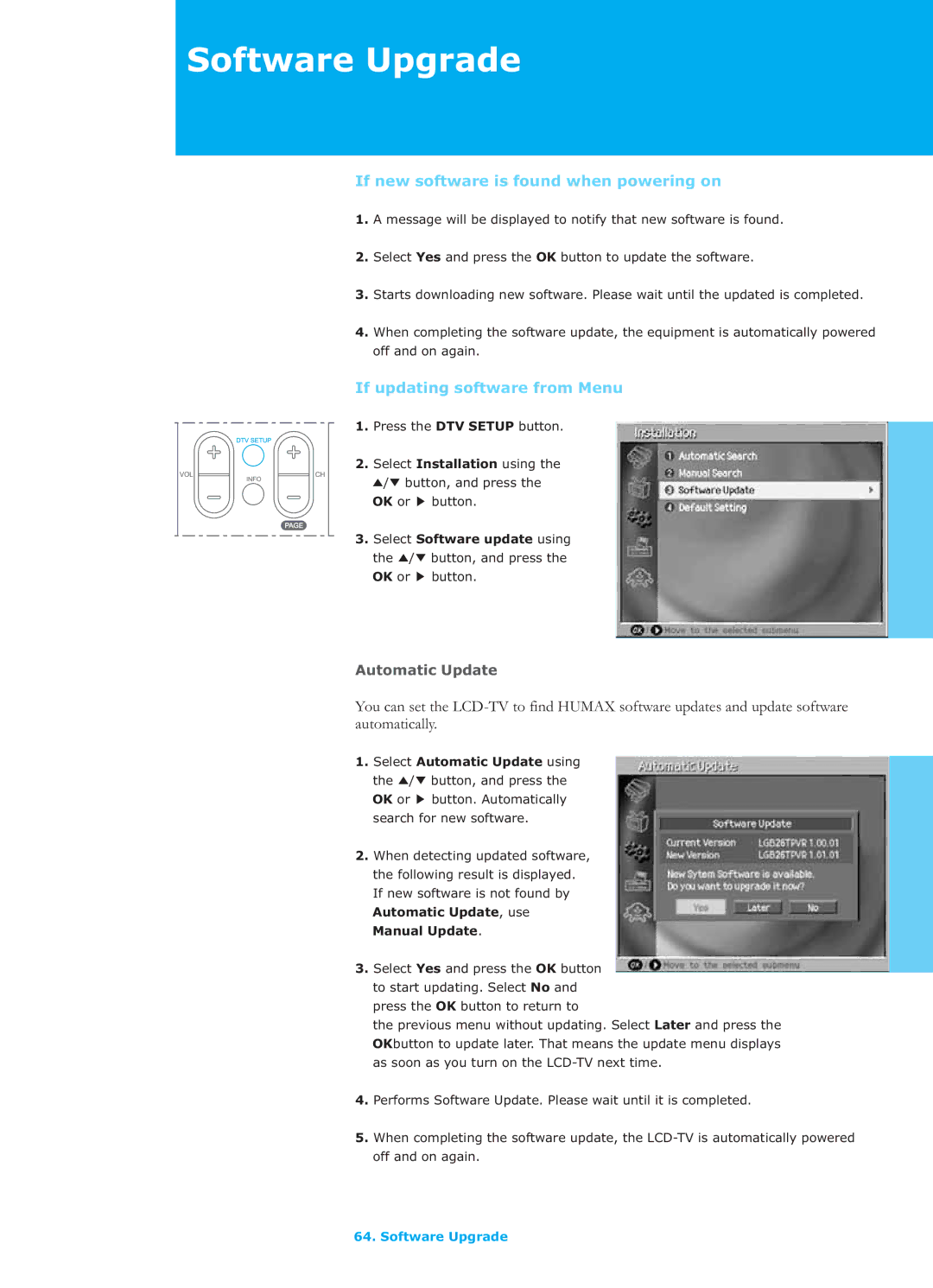 Humax LGB-26TPVR manual If new software is found when powering on, If updating software from Menu 