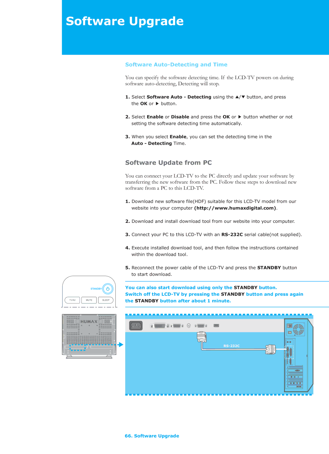 Humax LGB-26TPVR manual Software Update from PC, Software Auto-Detecting and Time 