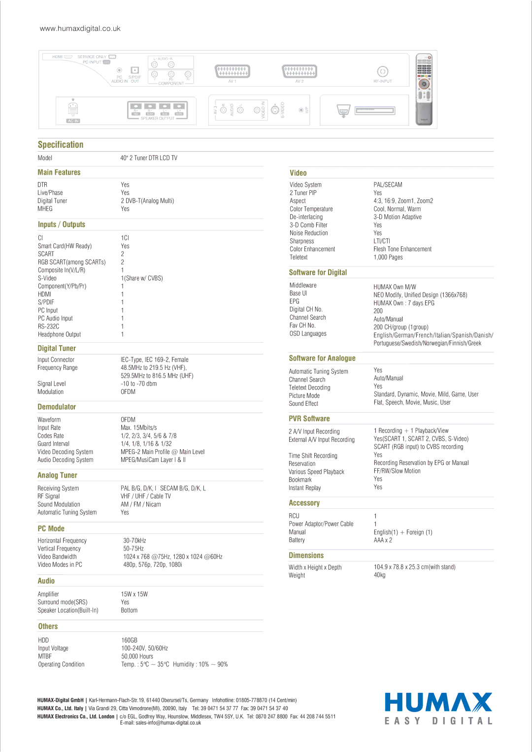 Humax LP40-TDR1 manual Specification 