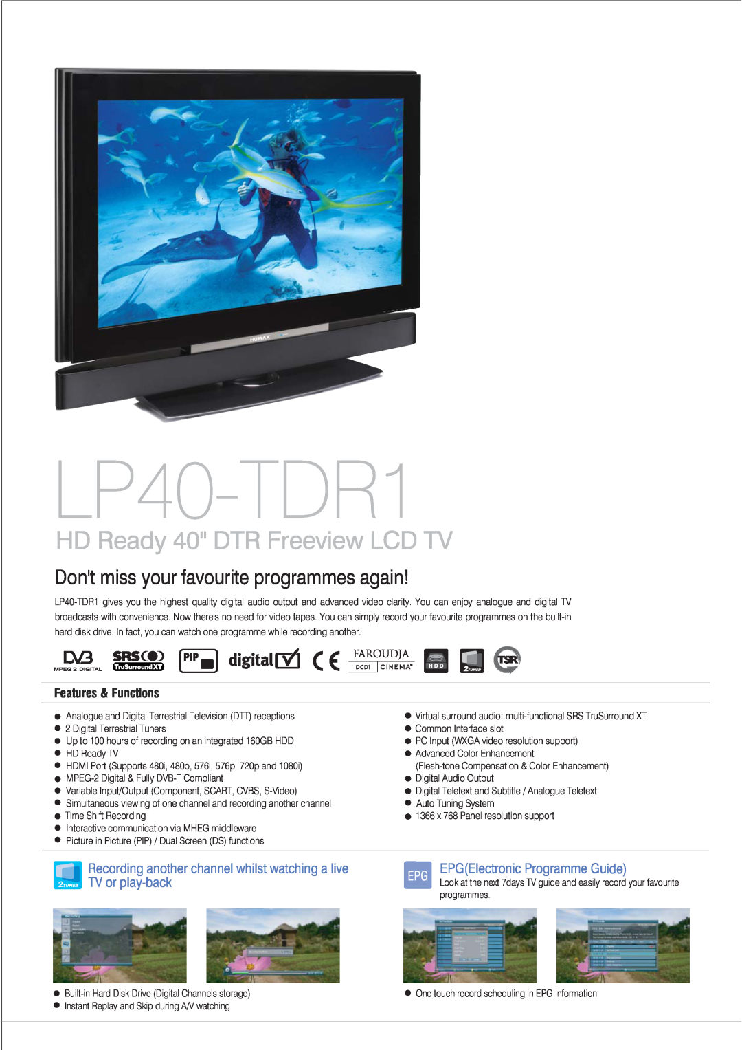 Humax LP40-TDR1 manual Recording another channel whilst watching a live TV or play-back, HD Ready 40 DTR Freeview LCD TV 