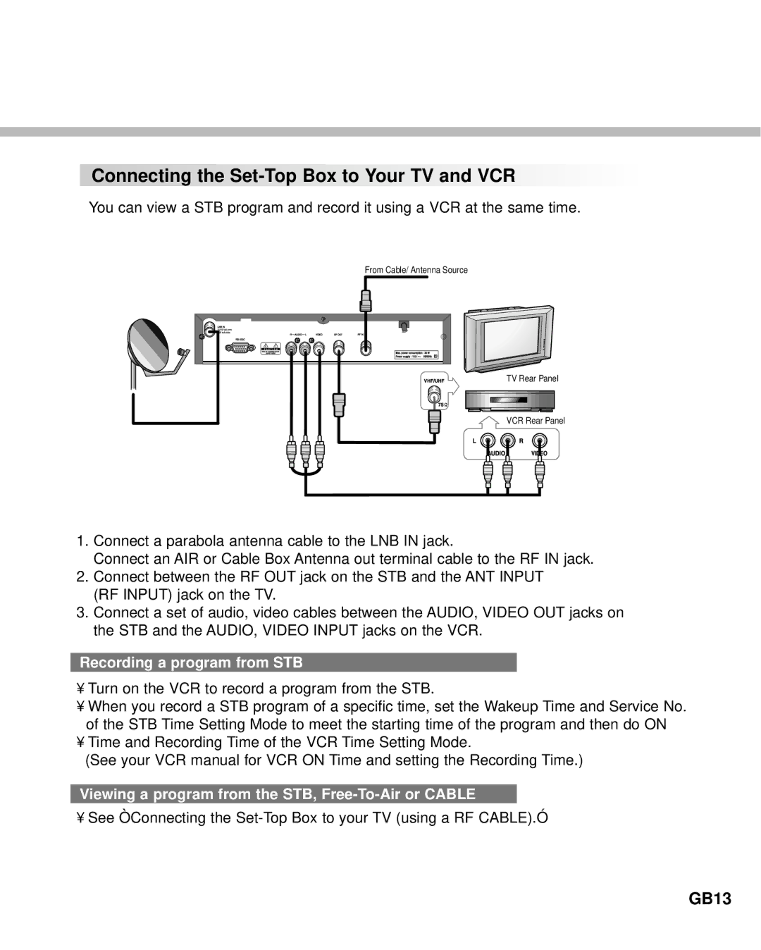 Humax NA-3712 manual GB13, Recording a program from STB, Viewing a program from the STB, Free-To-Air or Cable 