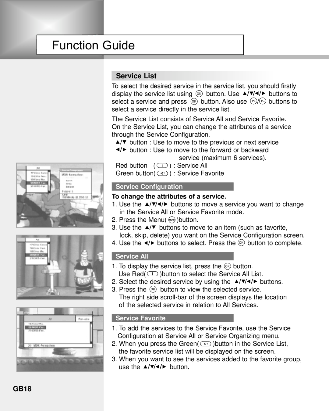 Humax NA-3712 manual Service List, GB18, Service Configuration, Service All, Service Favorite 