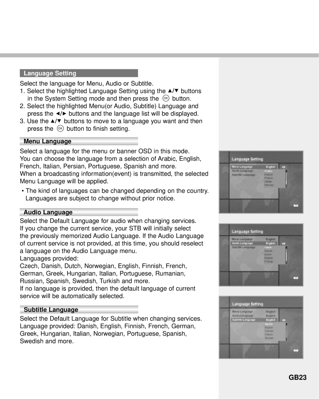 Humax NA-3712 manual GB23, Language Setting, Menu Language, Audio Language, Subtitle Language 