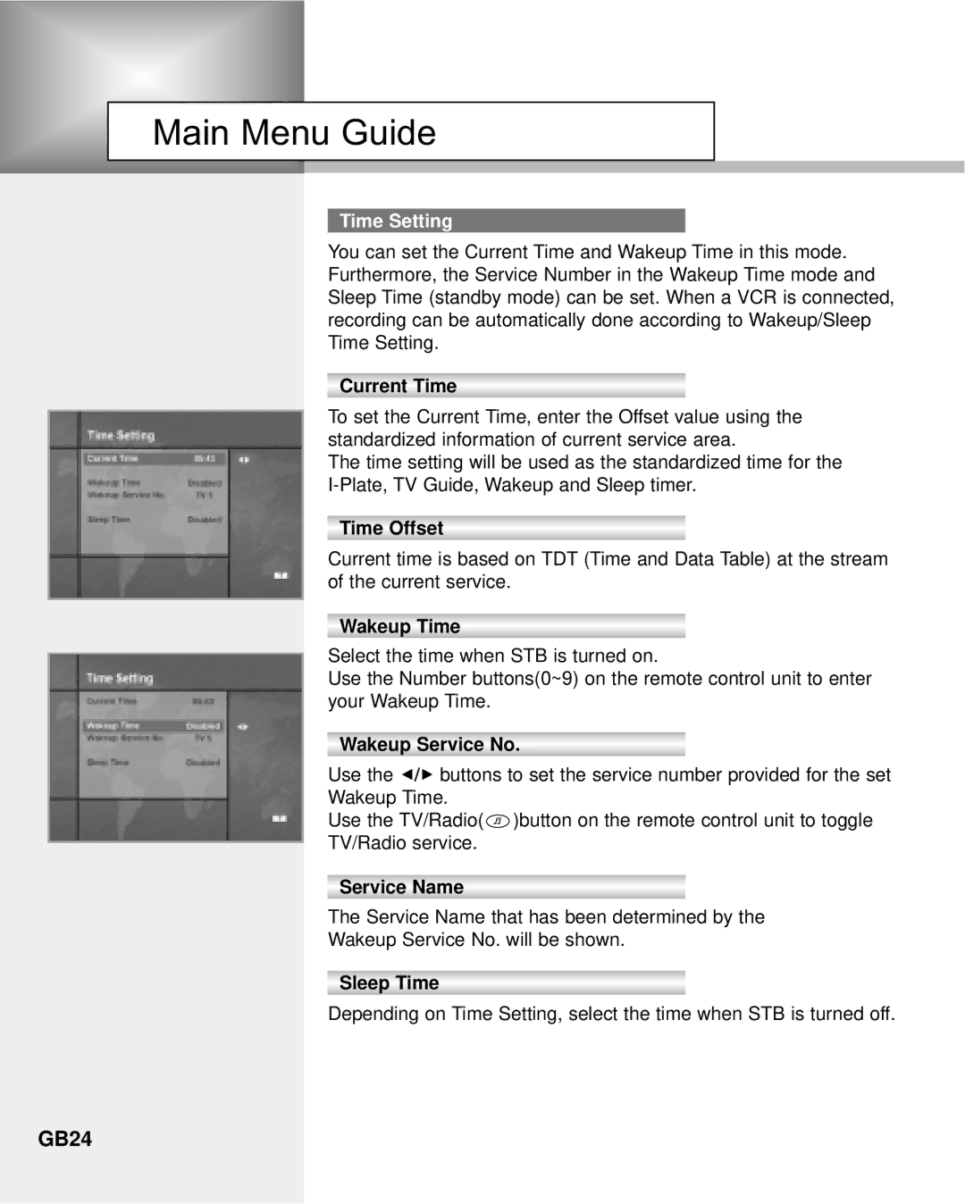 Humax NA-3712 manual GB24, Time Setting 