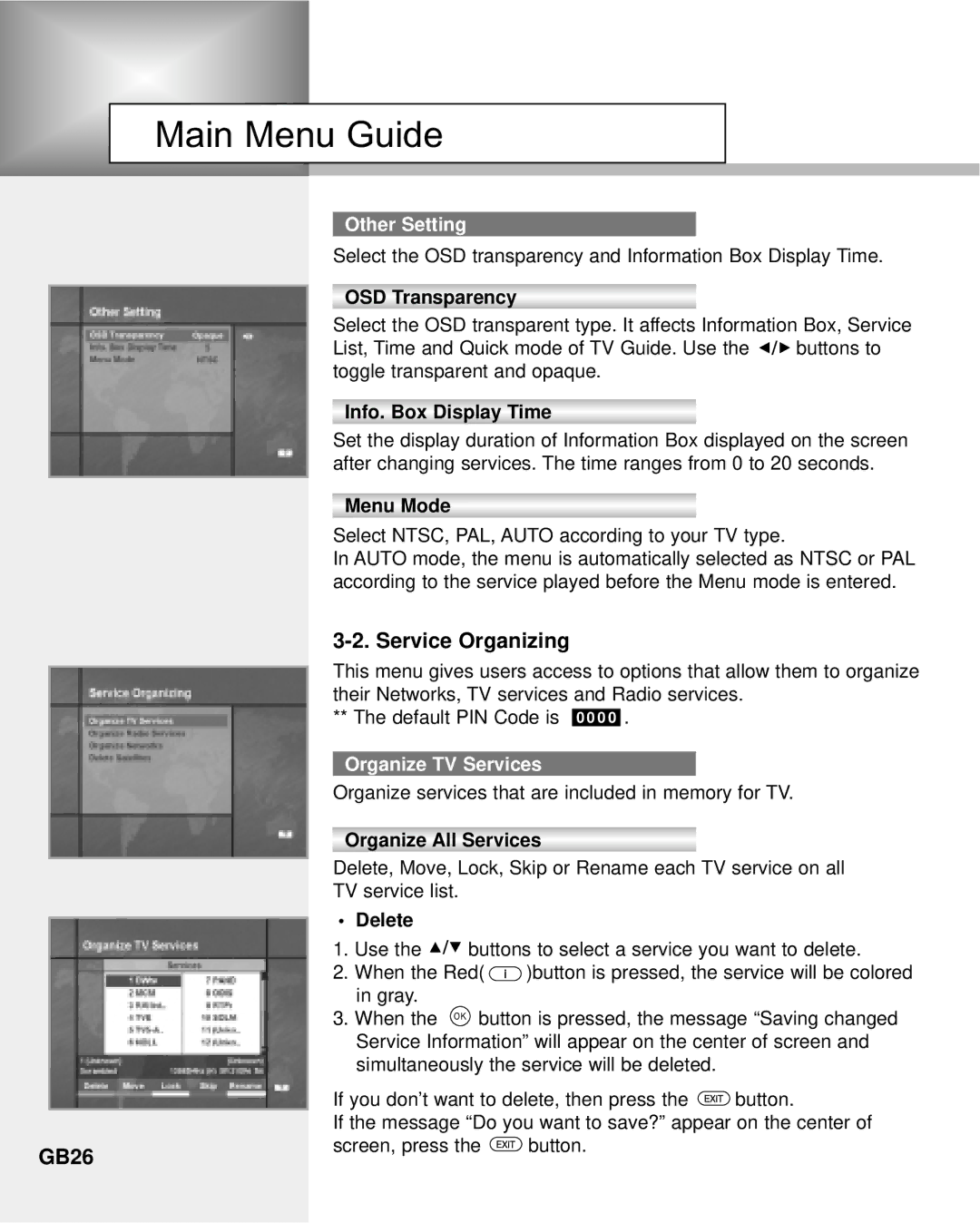 Humax NA-3712 manual Service Organizing, GB26, Other Setting, Organize TV Services 