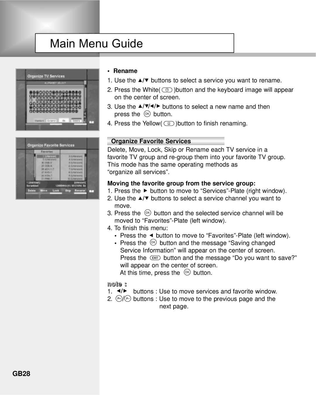 Humax NA-3712 manual GB28, Rename, Organize Favorite Services, Moving the favorite group from the service group 