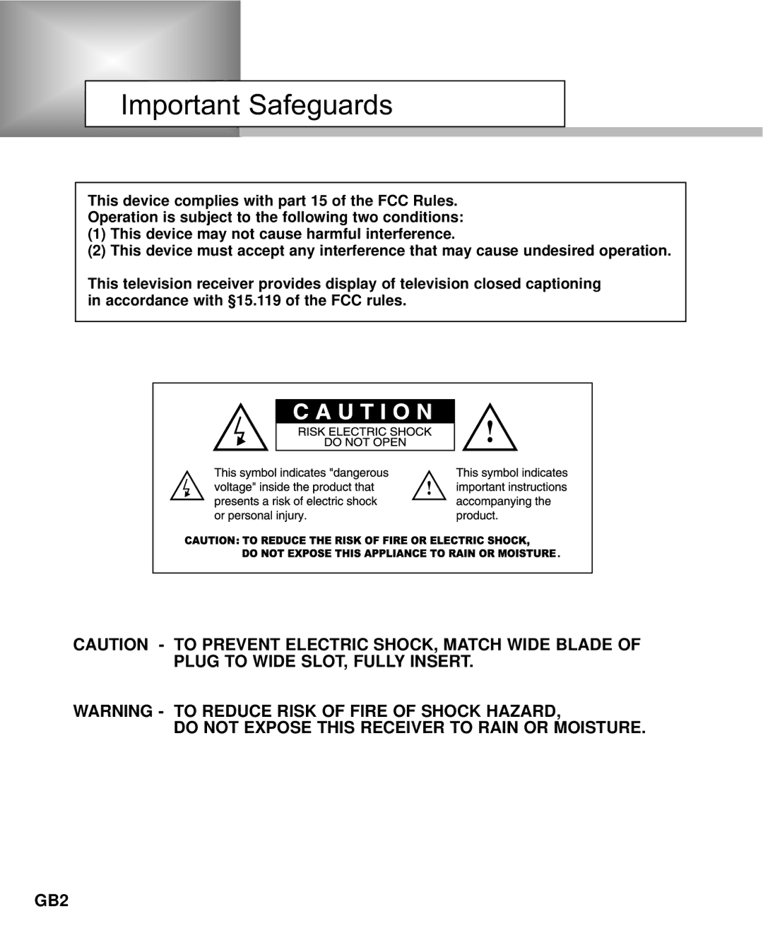 Humax NA-3712 manual Important Safeguards, Do not Expose this Receiver to Rain or Moisture GB2 