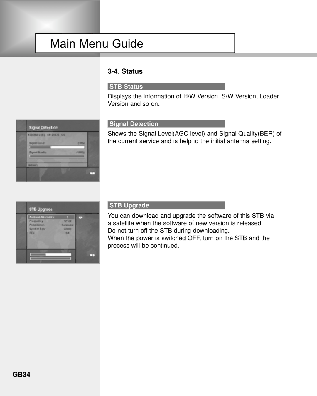 Humax NA-3712 manual GB34, STB Status, Signal Detection, STB Upgrade 