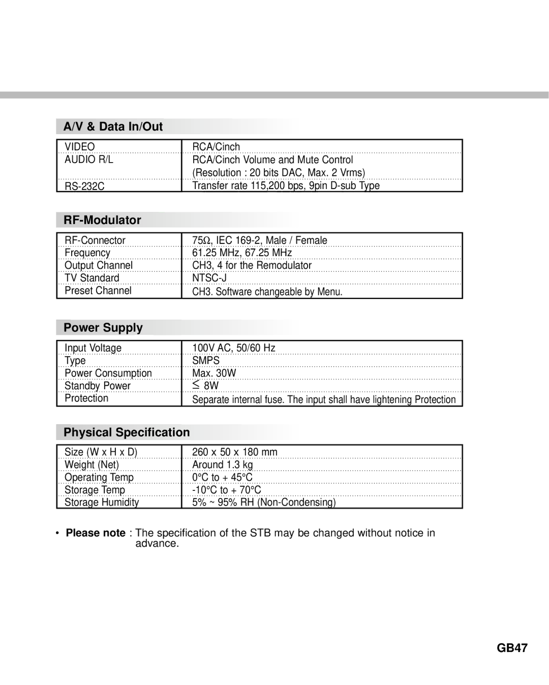 Humax NA-3712 manual Data In/Out, RF-Modulator, Power Supply, Physical Specification, GB47 