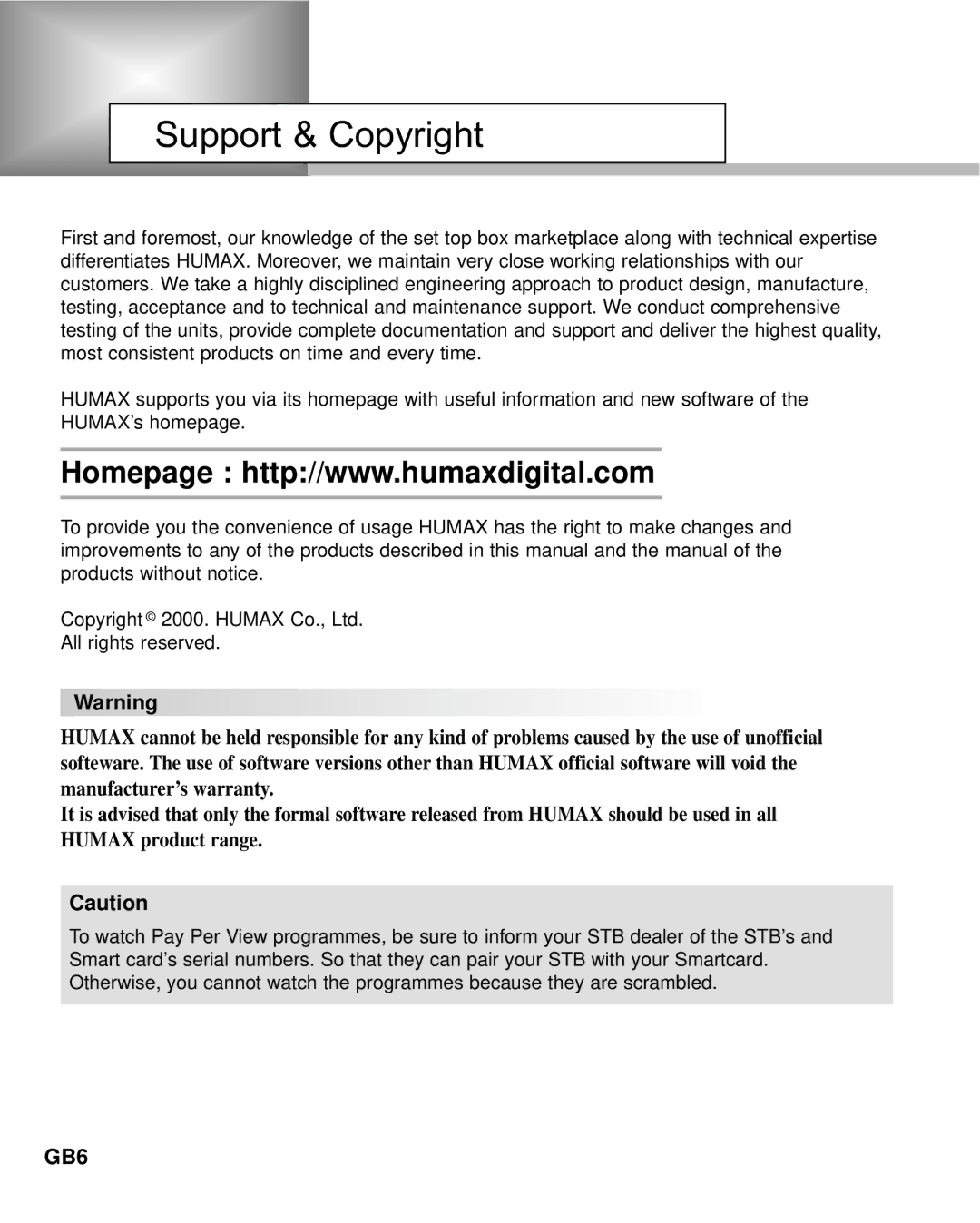 Humax NA-3712 manual Support & Copyright 