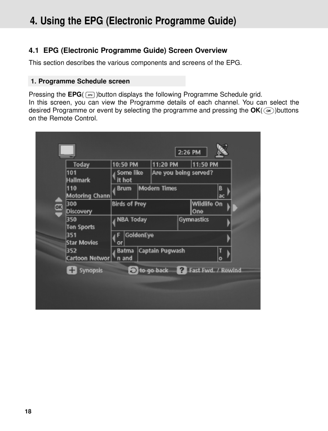 Humax ND-1000C manual Using the EPG Electronic Programme Guide, Programme Schedule screen 