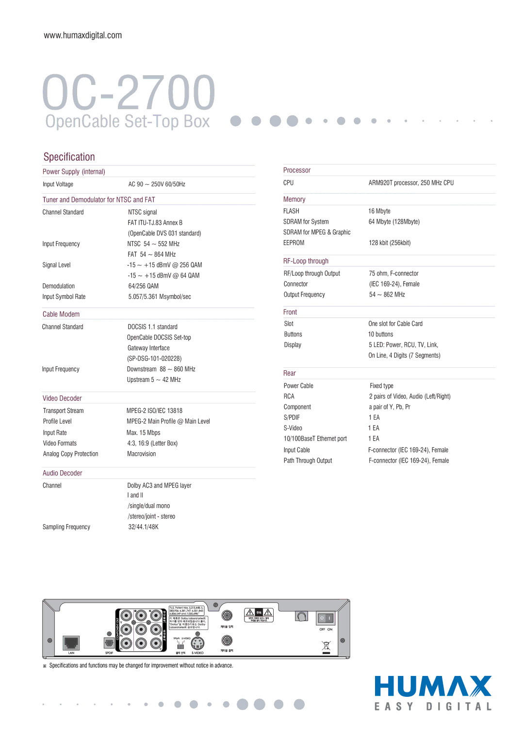 Humax OC-2700 Power Supply internal, Tuner and Demodulator for Ntsc and FAT, Cable Modem, Video Decoder, Audio Decoder 