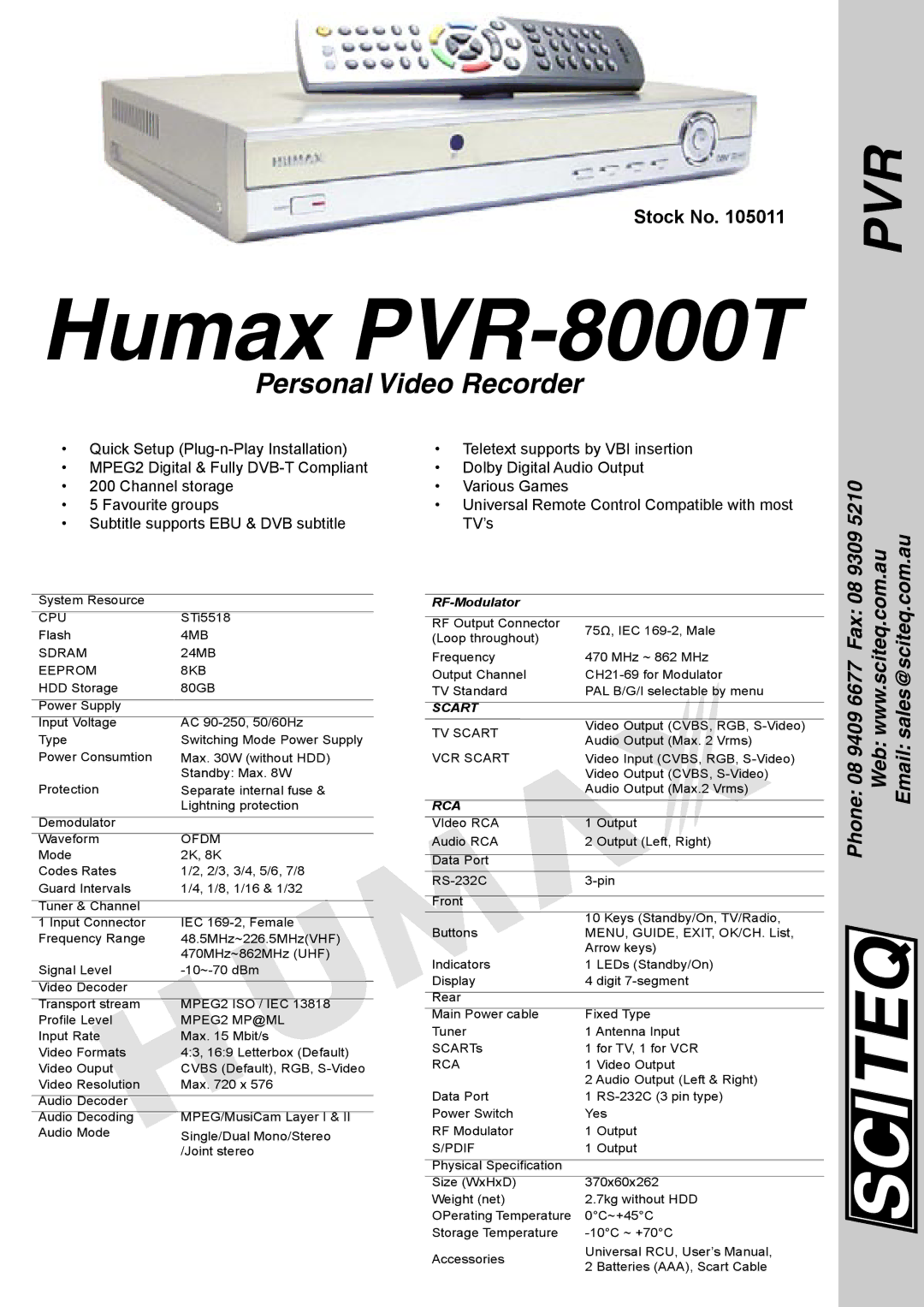 Humax PVR-8000 specifications Scart, Rca 