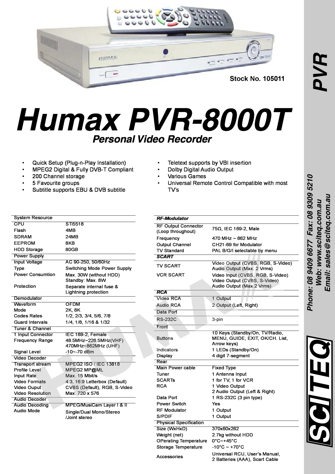Humax specifications Humax PVR-8000T, Teqsci, Personal Video Recorder, Stock No, Quick Setup Plug-n-Play Installation 