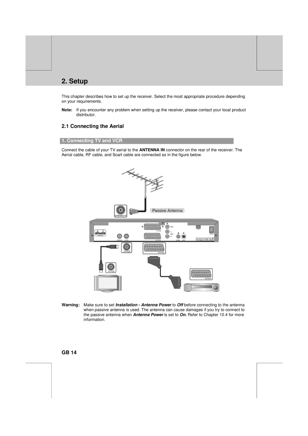 Humax PVR-8100T manual Setup, Connecting the Aerial, Connecting TV and VCR 