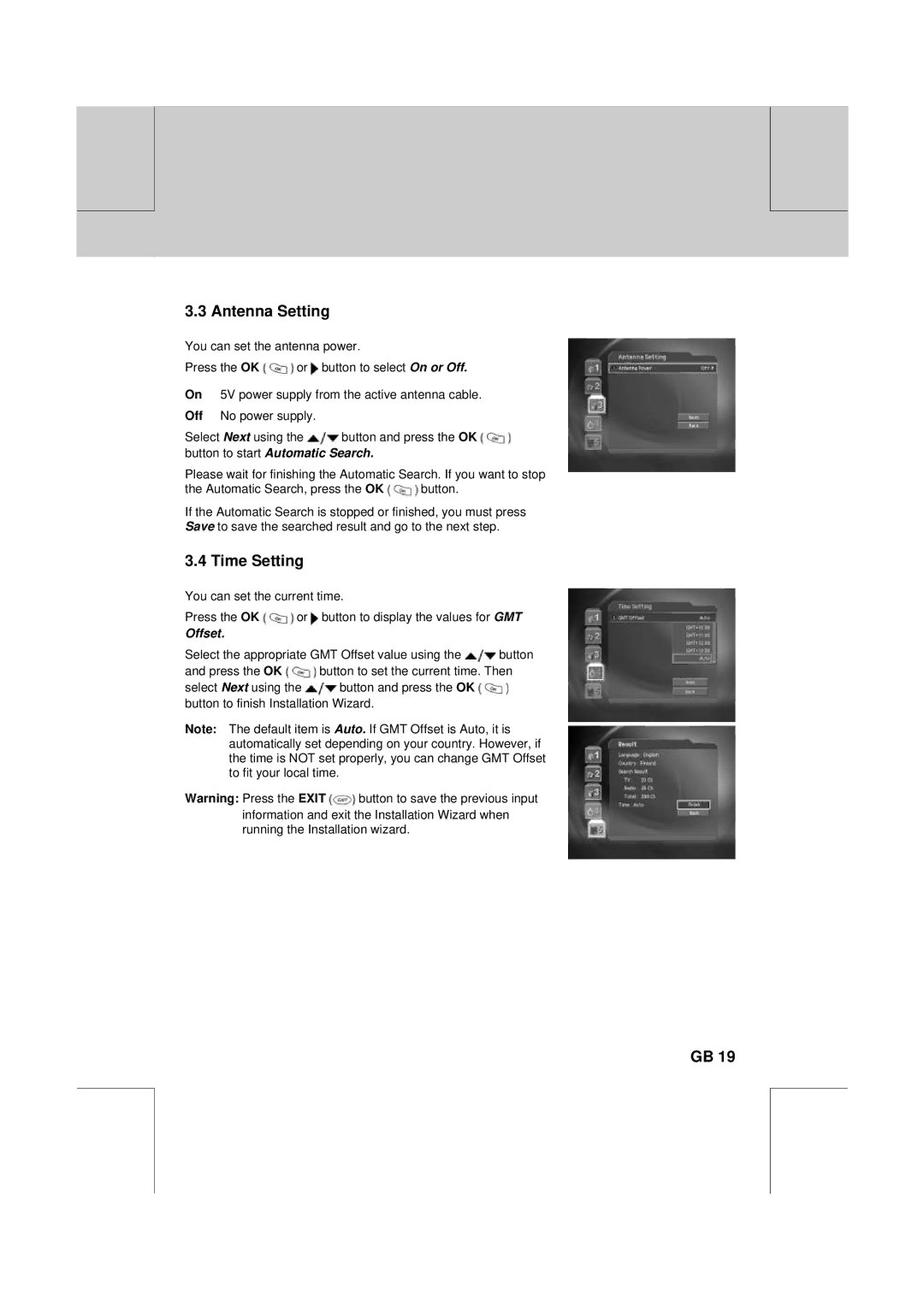 Humax PVR-8100T manual Antenna Setting, Time Setting 