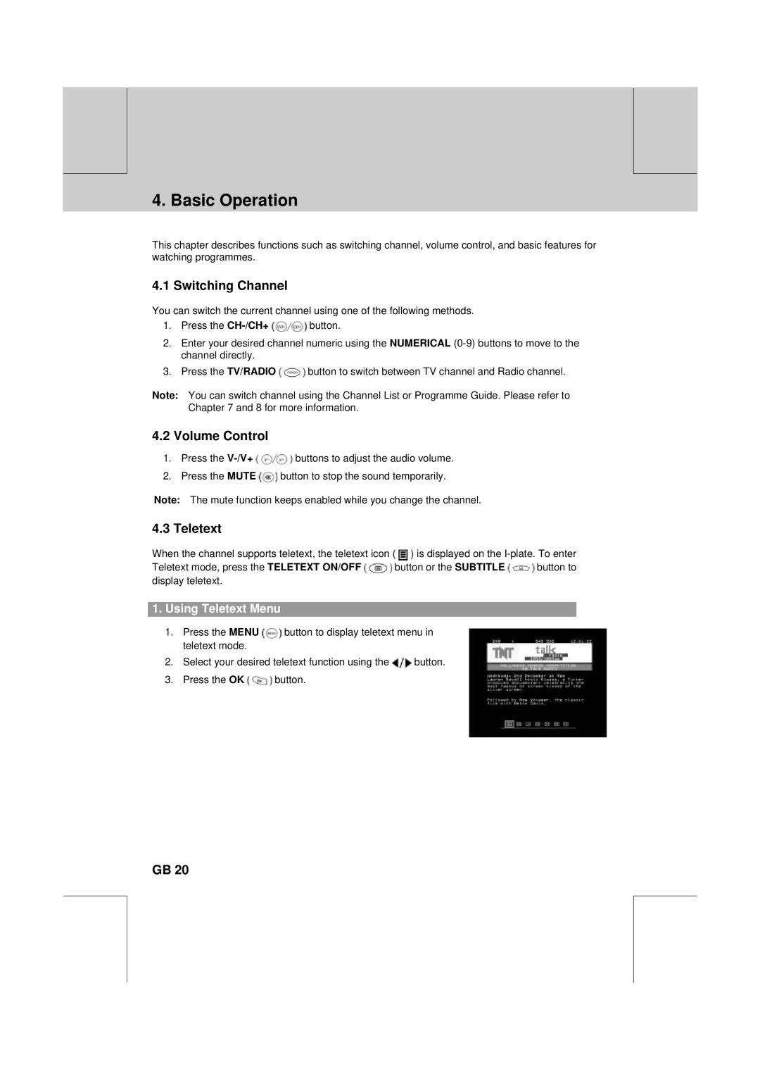 Humax PVR-8100T manual Basic Operation, Switching Channel, Volume Control, Using Teletext Menu 