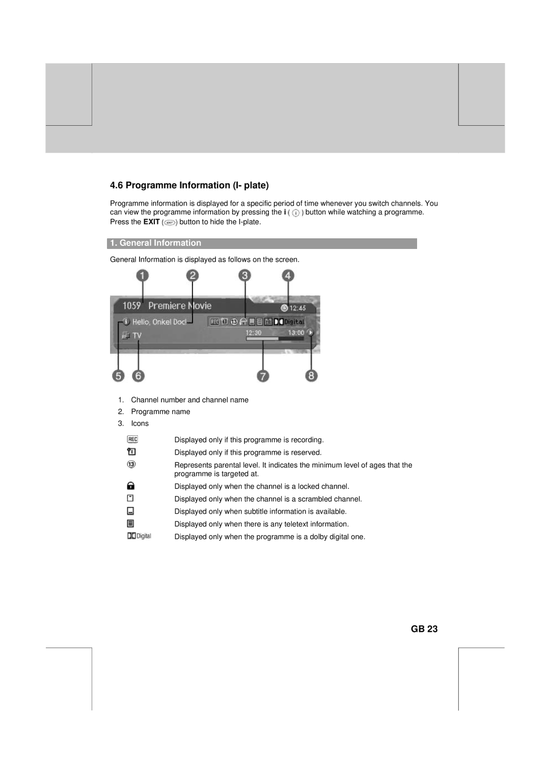 Humax PVR-8100T manual Programme Information I- plate, General Information 